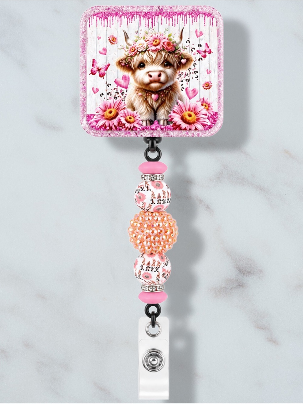 Cow Pink & Orange Floral Beaded Badge Reel